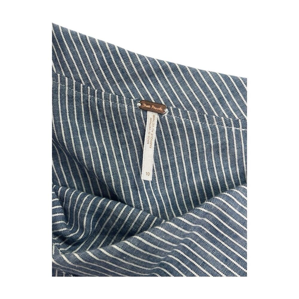 Free People Top Womens 10 Blue Linen Cropped Pinstripe One Shoulder Boho Coastal - Picture 4 of 12